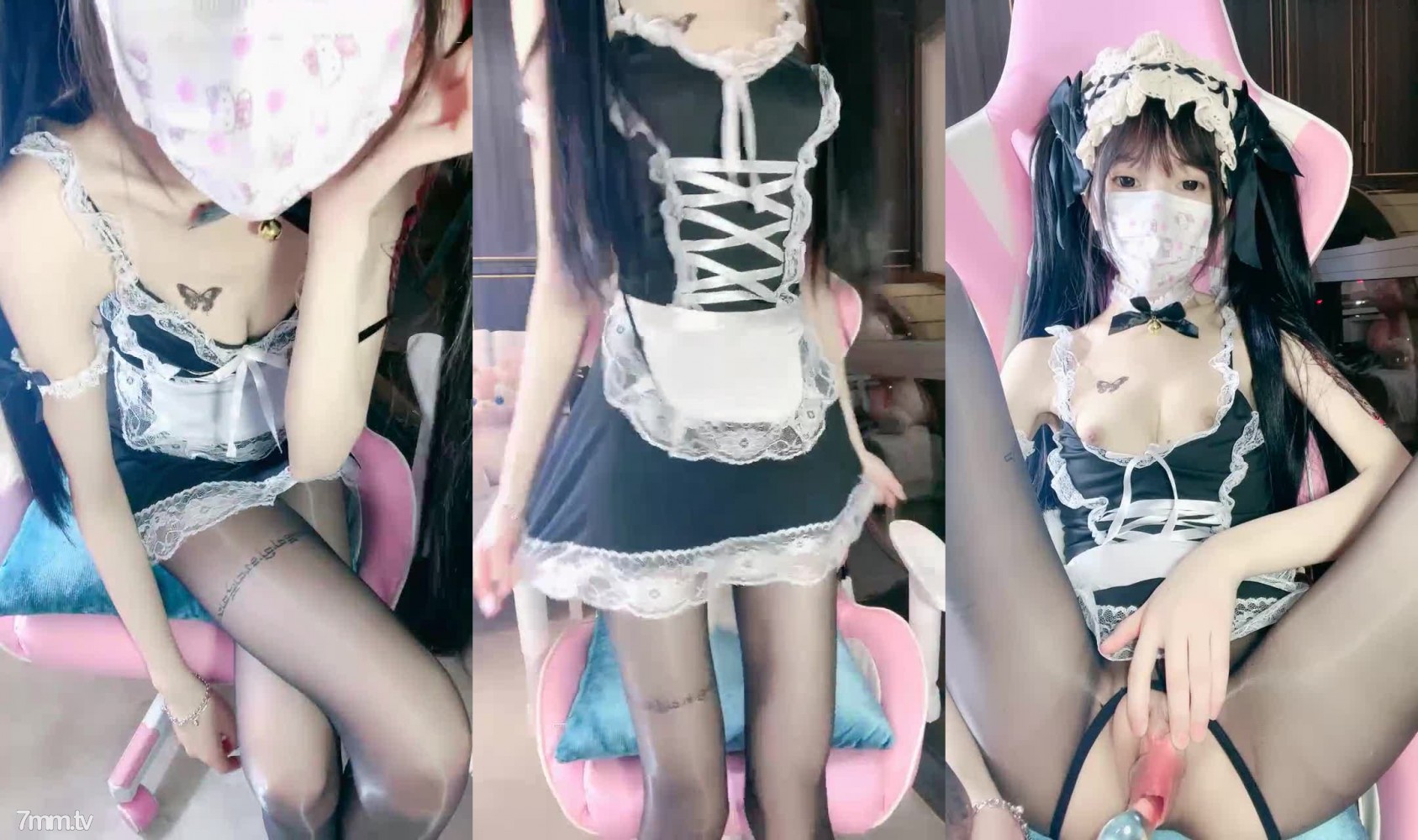 女仆装黑丝袜！极品双马尾少女！肛塞尾巴，地上假屌骑坐，张开双腿玻璃棒插穴，无毛肥逼极品}